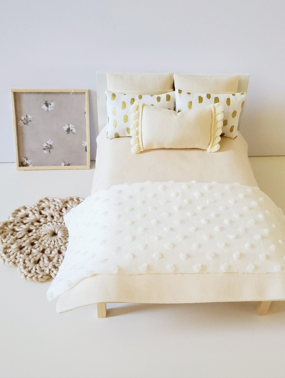 Miniature Dollhouse Handmade Cottagecore 1:12 Scale Bedding Set Ivory